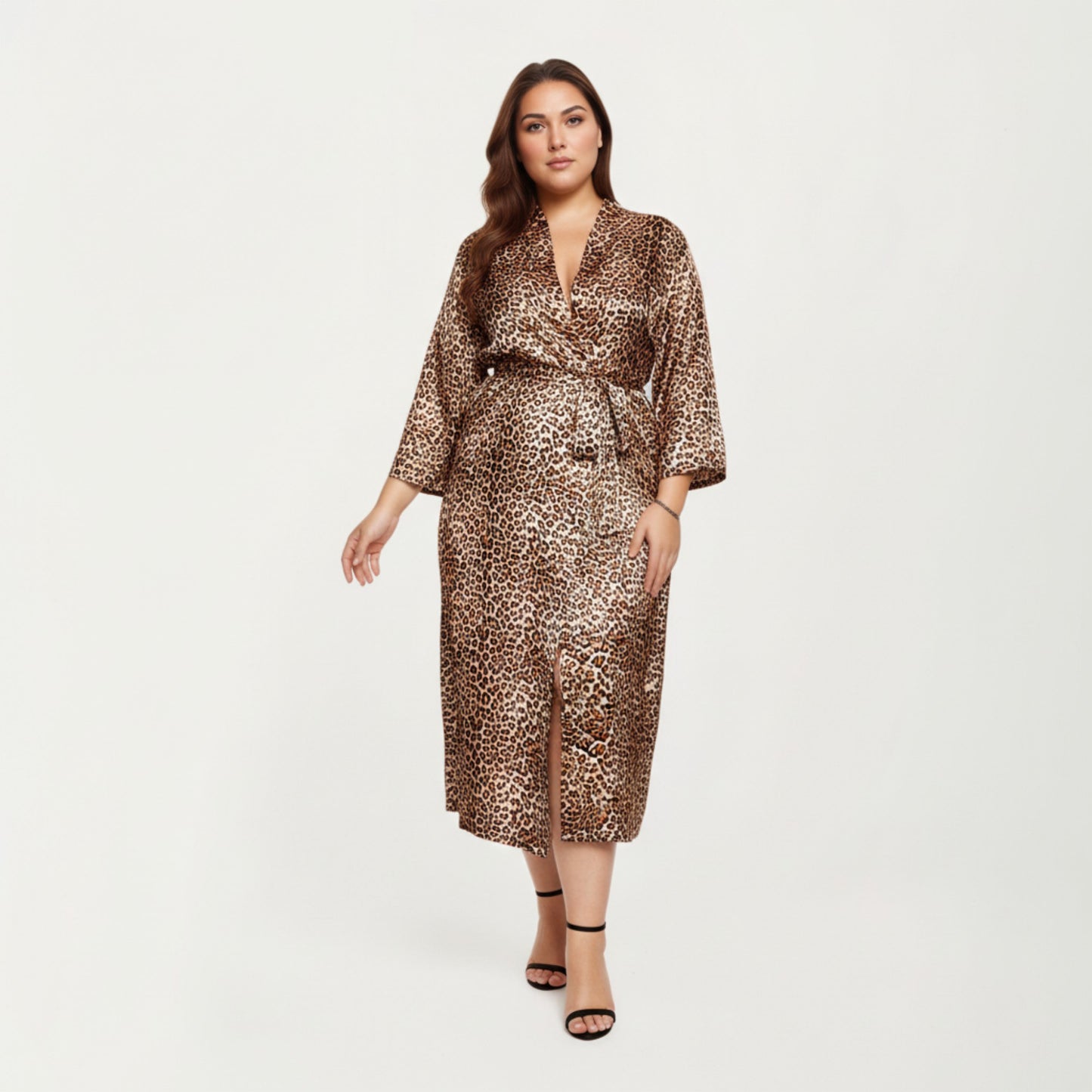 Leopard Print Satin Robe with Soft Silky Sheen, Adjustable Wrap Tie Waist and Flowing Longline Silhouette