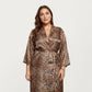 Leopard Print Satin Robe with Soft Silky Sheen, Adjustable Wrap Tie Waist and Flowing Longline Silhouette