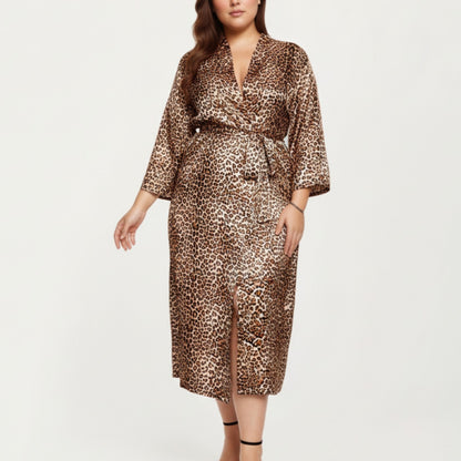 Leopard Print Satin Robe with Soft Silky Sheen, Adjustable Wrap Tie Waist and Flowing Longline Silhouette