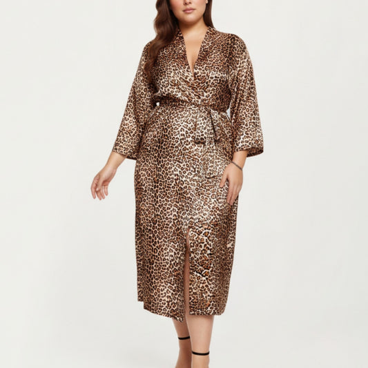 Leopard Print Satin Robe with Soft Silky Sheen, Adjustable Wrap Tie Waist and Flowing Longline Silhouette