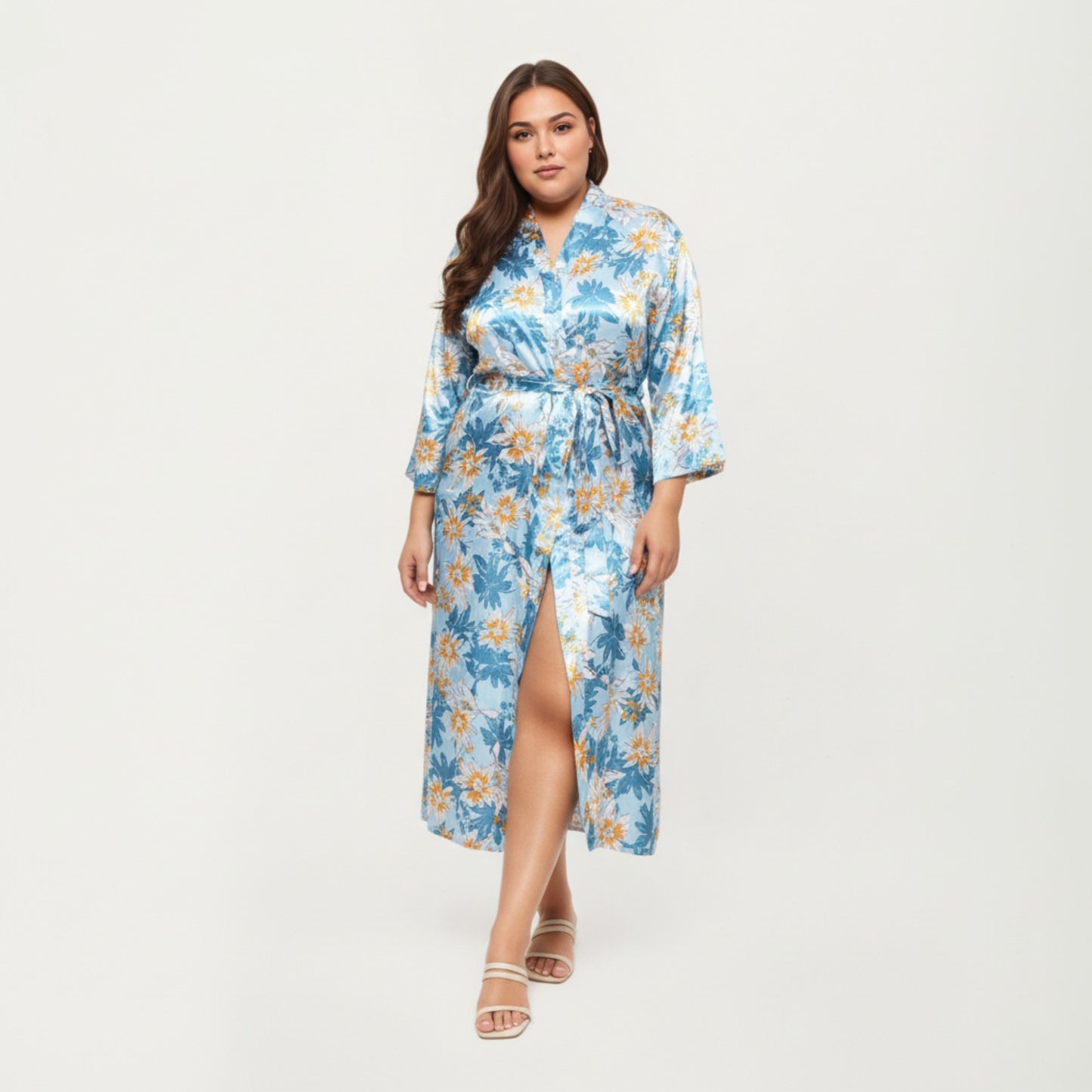Floral Print Satin Robe with Waist Tie Soft Silky Fabric Wide Sleeves and Flowing Longline Silhouette
