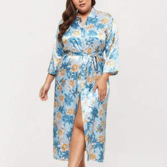 Floral Print Satin Robe with Waist Tie Soft Silky Fabric Wide Sleeves and Flowing Longline Silhouette
