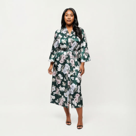 Floral Print Satin Robe with Waist Tie Soft Silky Fabric Wide Sleeves and Flowing Longline Silhouette