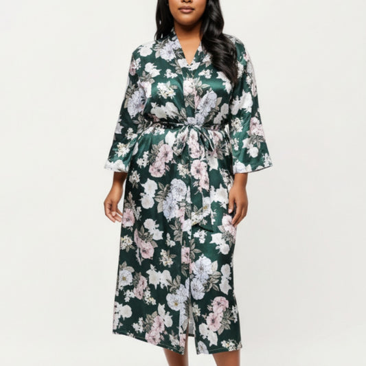 Floral Print Satin Robe with Waist Tie Soft Silky Fabric Wide Sleeves and Flowing Longline Silhouette