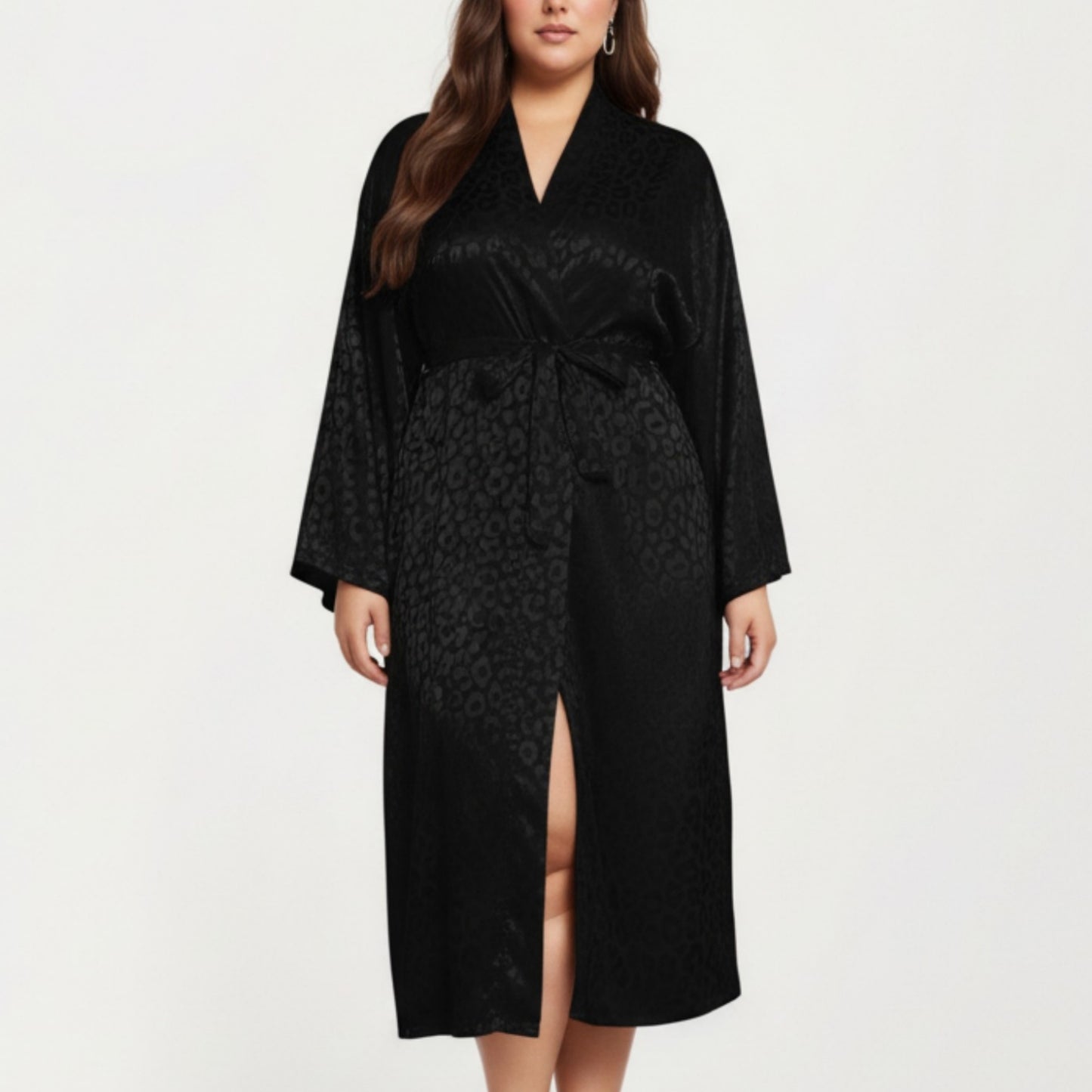 Satin Jacquard Leopard Pattern Robe with Waist Tie Silky Fabric Wide Sleeves and Flowing Longline Silhouette