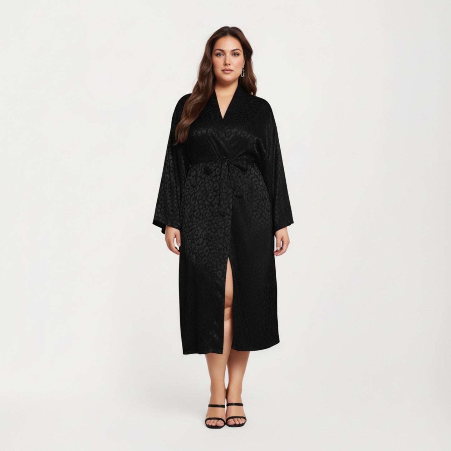 Satin Jacquard Leopard Pattern Robe with Waist Tie Silky Fabric Wide Sleeves and Flowing Longline Silhouette