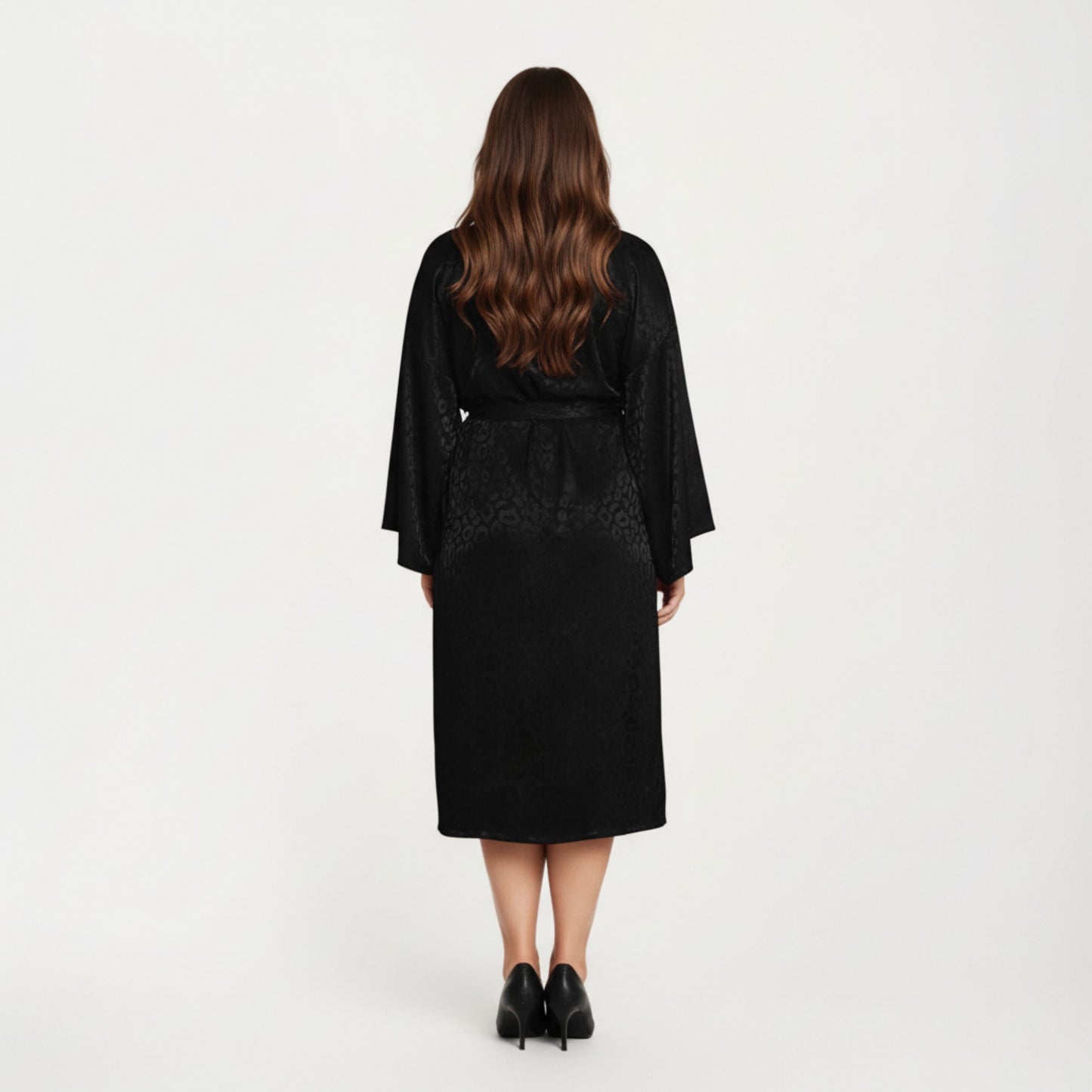 Satin Jacquard Leopard Pattern Robe with Waist Tie Silky Fabric Wide Sleeves and Flowing Longline Silhouette