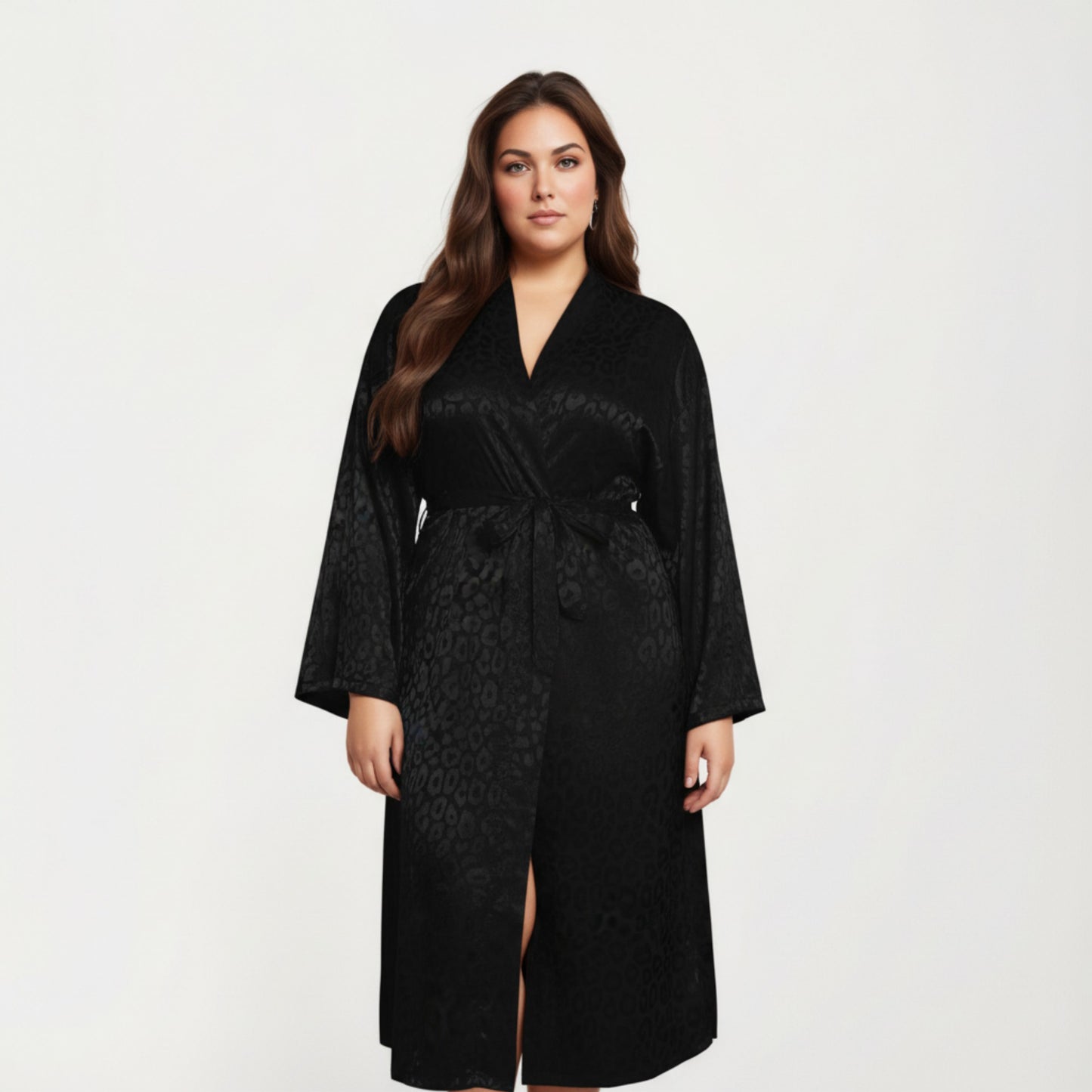 Satin Jacquard Leopard Pattern Robe with Waist Tie Silky Fabric Wide Sleeves and Flowing Longline Silhouette
