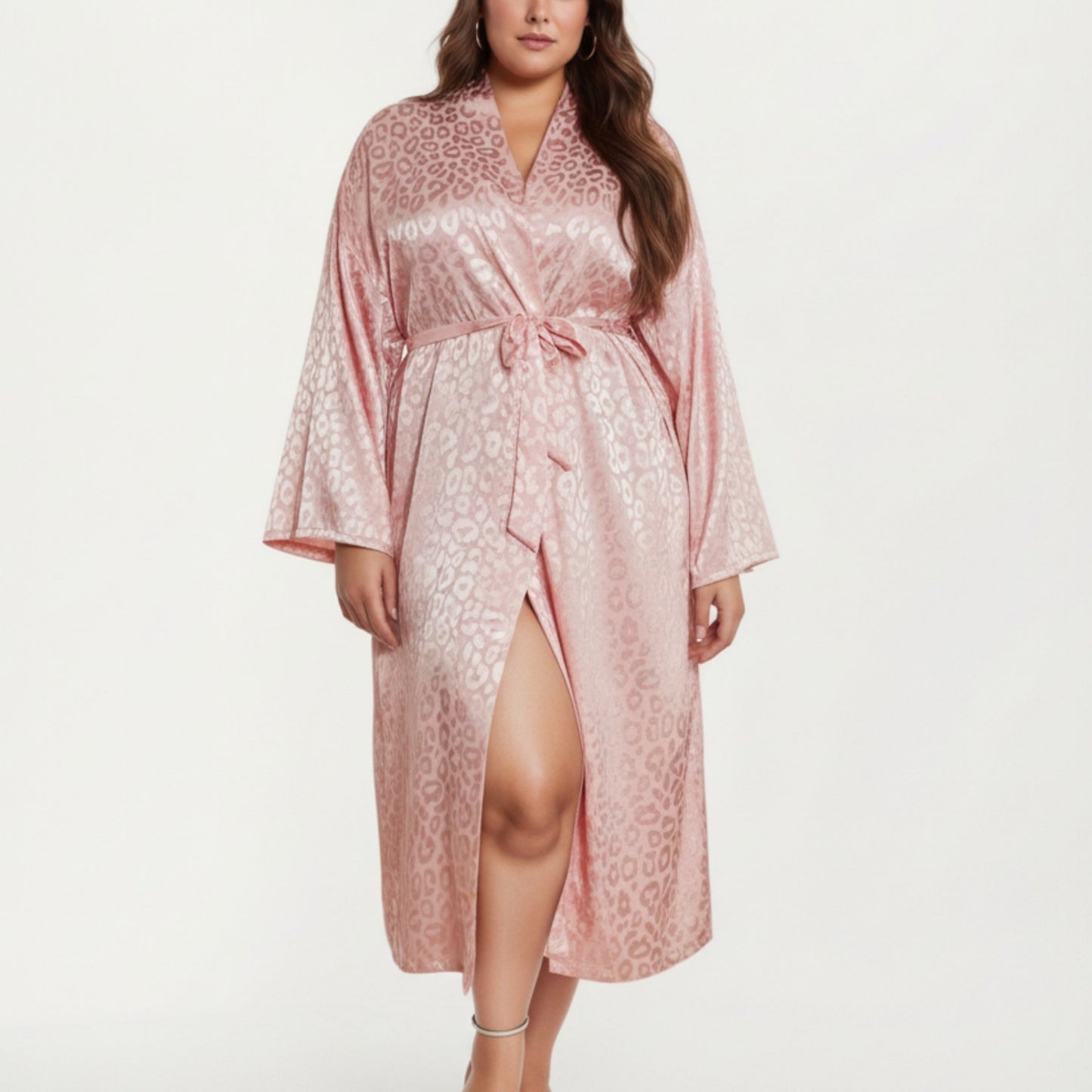 Satin Jacquard Leopard Pattern Robe with Waist Tie Silky Fabric Wide Sleeves and Flowing Longline Silhouette