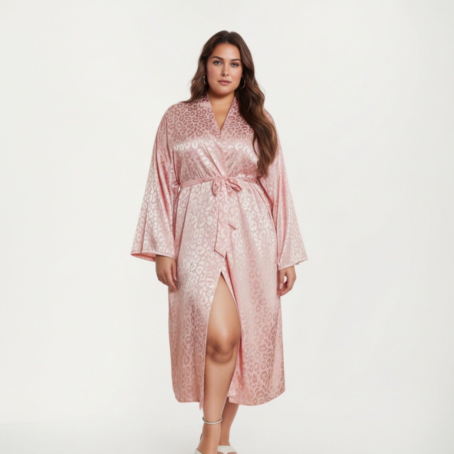 Satin Jacquard Leopard Pattern Robe with Waist Tie Silky Fabric Wide Sleeves and Flowing Longline Silhouette