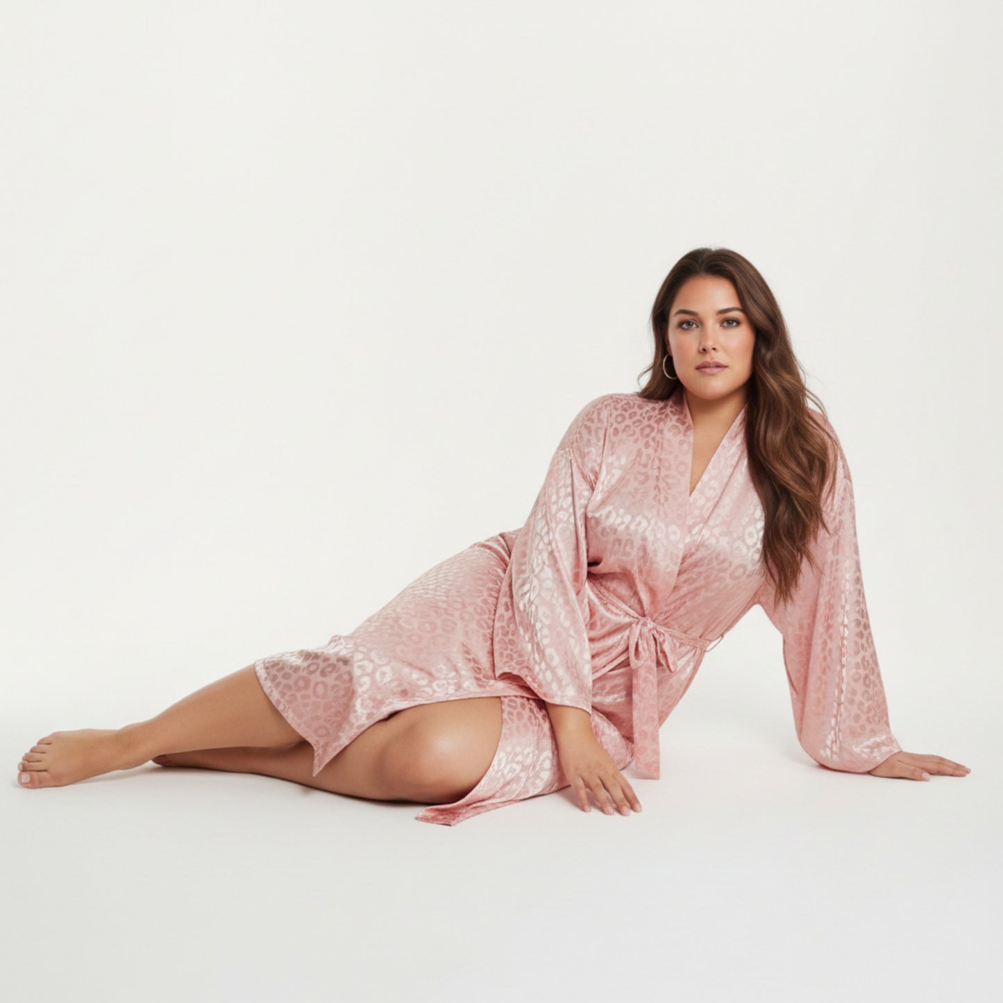 Satin Jacquard Leopard Pattern Robe with Waist Tie Silky Fabric Wide Sleeves and Flowing Longline Silhouette