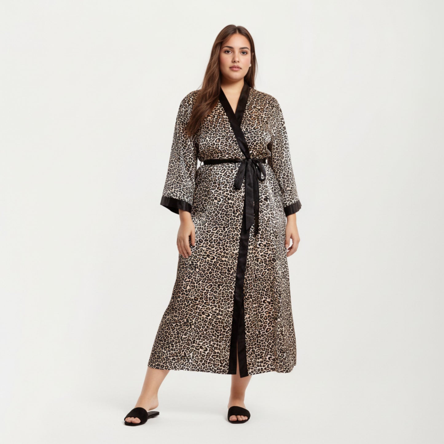 Leopard Print Satin Robe with Contrast Trim Soft Silky Fabric Waist Tie Closure and Flowing Longline Silhouette