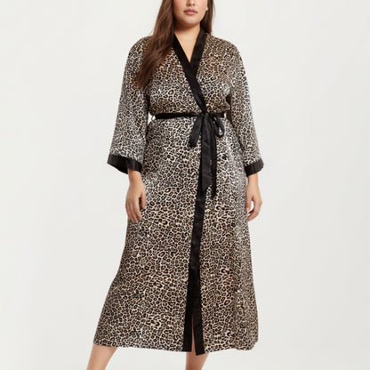 Leopard Print Satin Robe with Contrast Trim Soft Silky Fabric Waist Tie Closure and Flowing Longline Silhouette