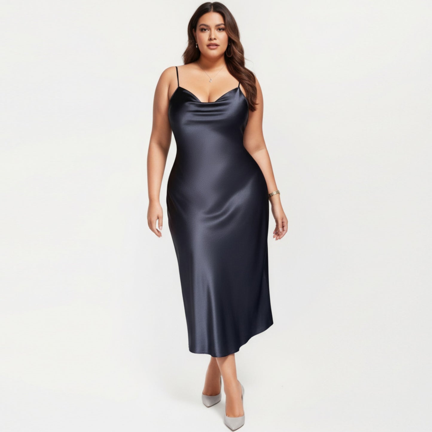 Satin Slip Midi Dress with Draped Neckline Adjustable Straps and Soft Body-Skimming Flowing Silhouette