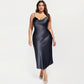 Satin Slip Midi Dress with Draped Neckline Adjustable Straps and Soft Body-Skimming Flowing Silhouette