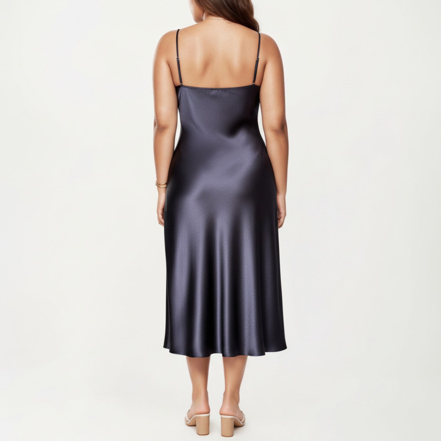Satin Slip Midi Dress with Draped Neckline Adjustable Straps and Soft Body-Skimming Flowing Silhouette