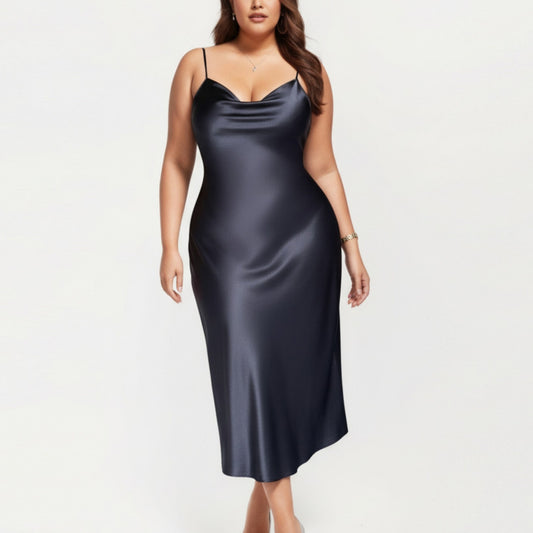 Satin Slip Midi Dress with Draped Neckline Adjustable Straps and Soft Body-Skimming Flowing Silhouette