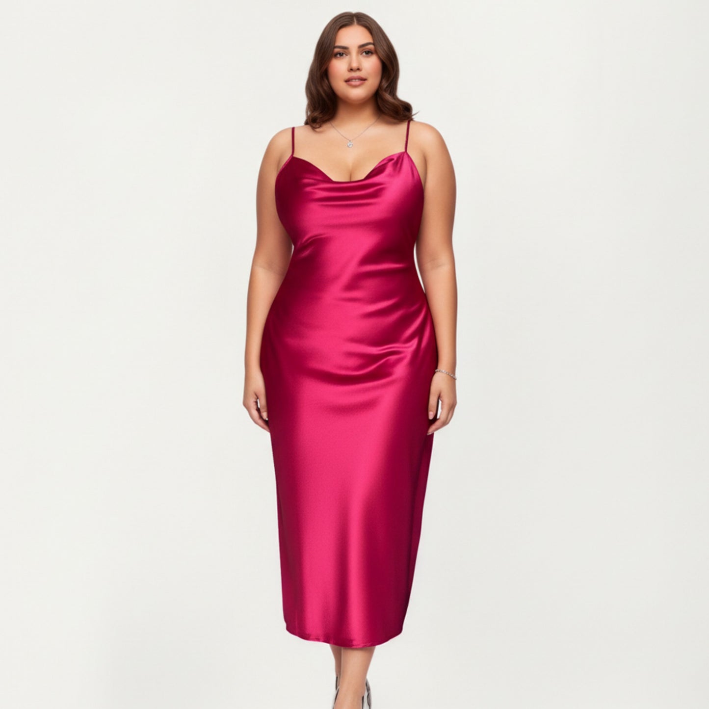 Satin Slip Midi Dress with Draped Neckline Adjustable Straps and Soft Body-Skimming Flowing Silhouette