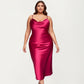 Satin Slip Midi Dress with Draped Neckline Adjustable Straps and Soft Body-Skimming Flowing Silhouette