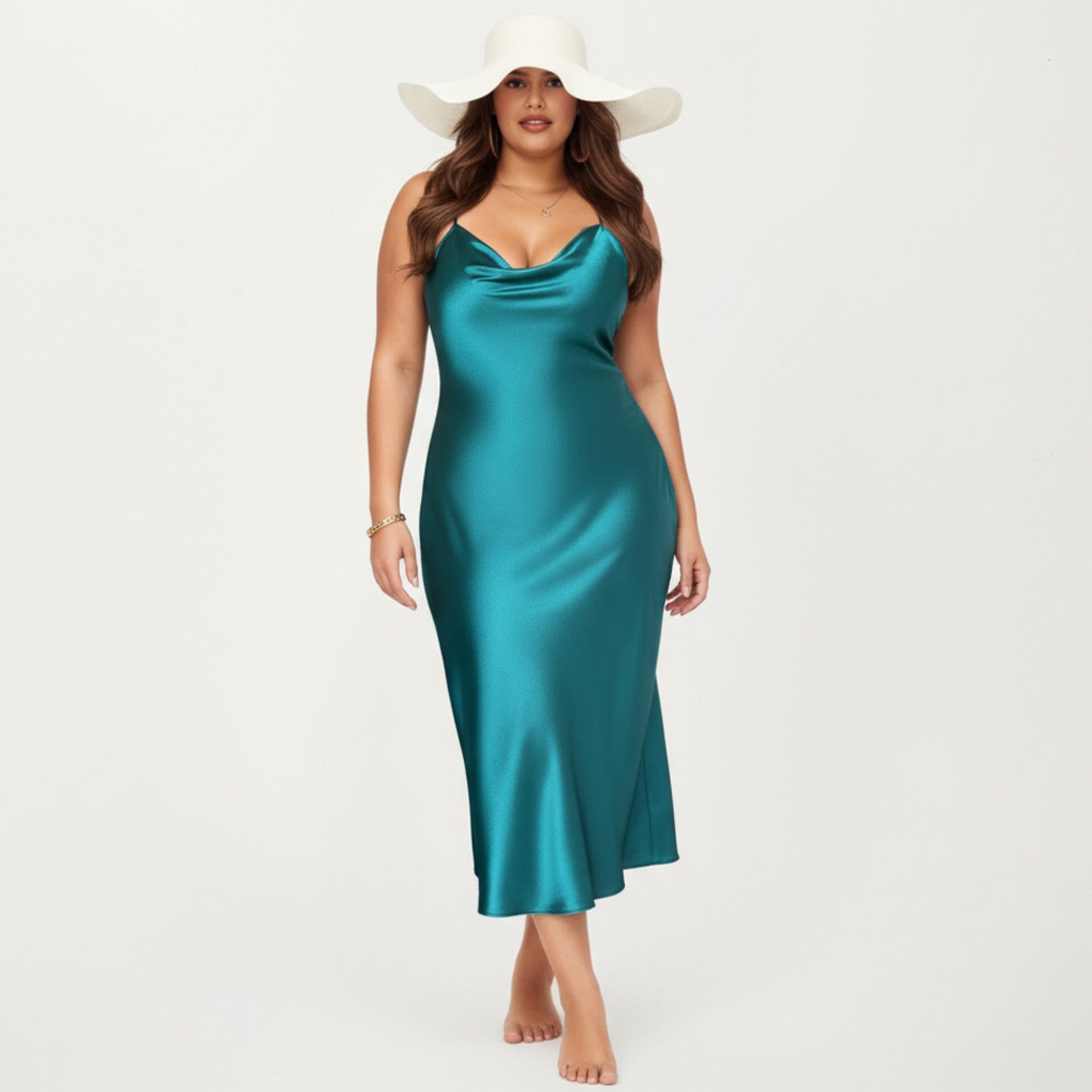 Satin Slip Midi Dress with Draped Neckline Adjustable Straps and Soft Body-Skimming Flowing Silhouette