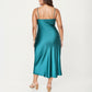 Satin Slip Midi Dress with Draped Neckline Adjustable Straps and Soft Body-Skimming Flowing Silhouette