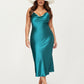 Satin Slip Midi Dress with Draped Neckline Adjustable Straps and Soft Body-Skimming Flowing Silhouette
