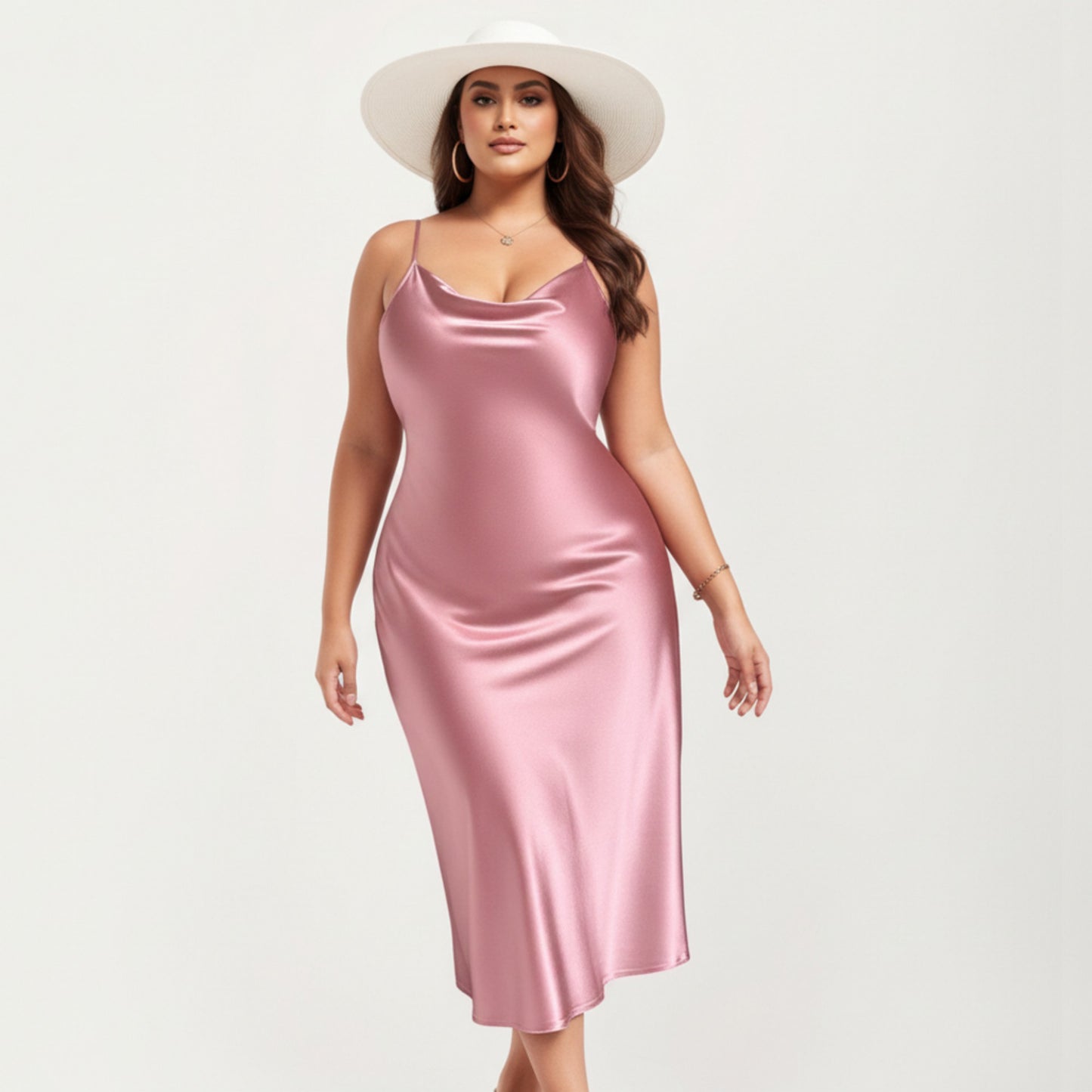 Satin Slip Midi Dress with Draped Neckline Adjustable Straps and Soft Body-Skimming Flowing Silhouette