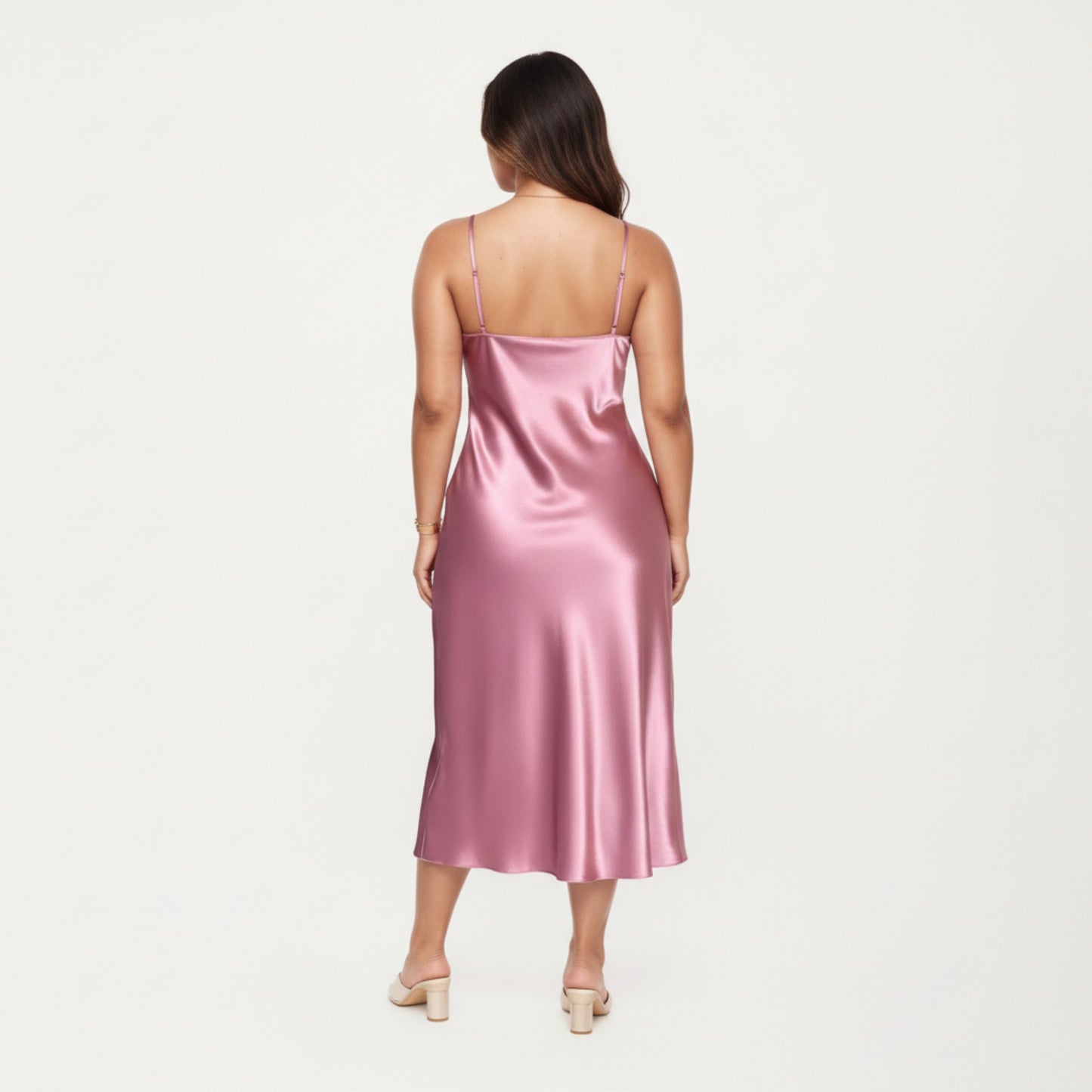 Satin Slip Midi Dress with Draped Neckline Adjustable Straps and Soft Body-Skimming Flowing Silhouette