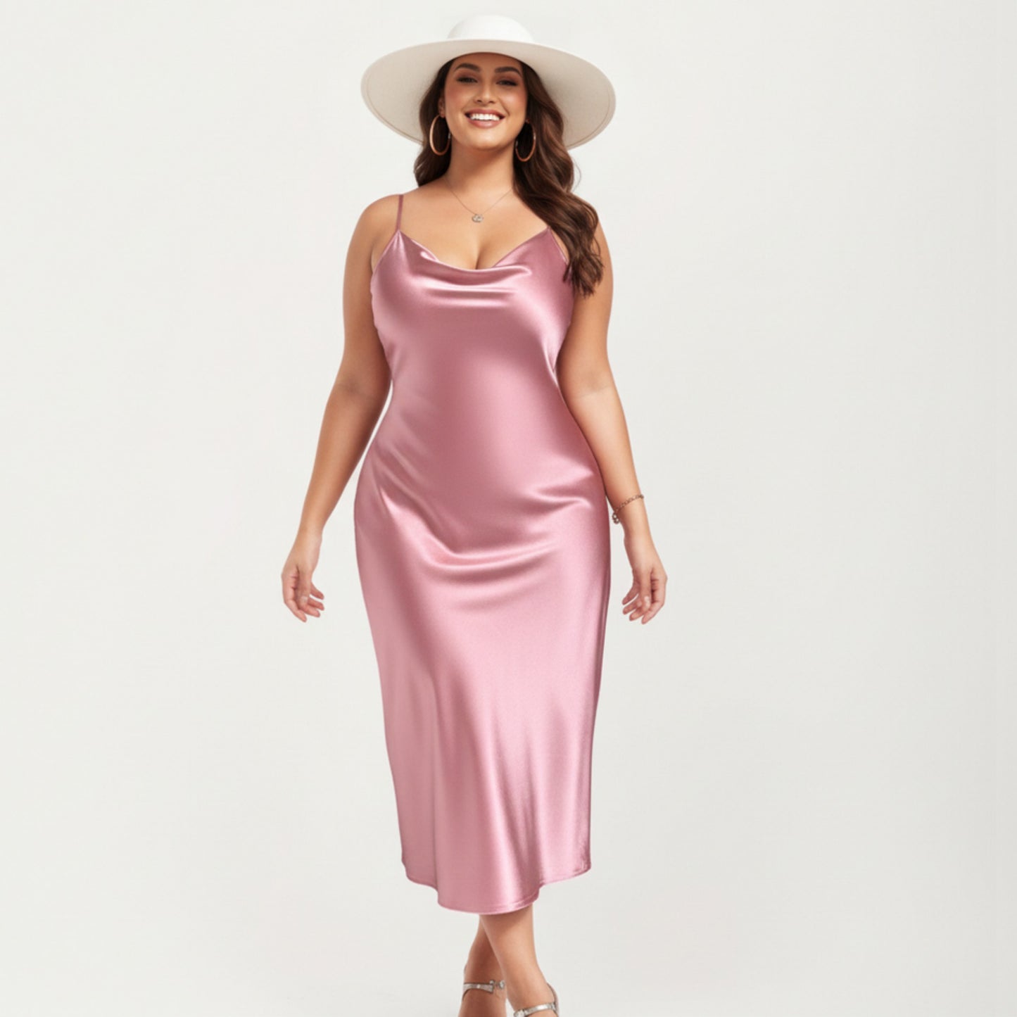 Satin Slip Midi Dress with Draped Neckline Adjustable Straps and Soft Body-Skimming Flowing Silhouette