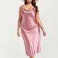 Satin Slip Midi Dress with Draped Neckline Adjustable Straps and Soft Body-Skimming Flowing Silhouette