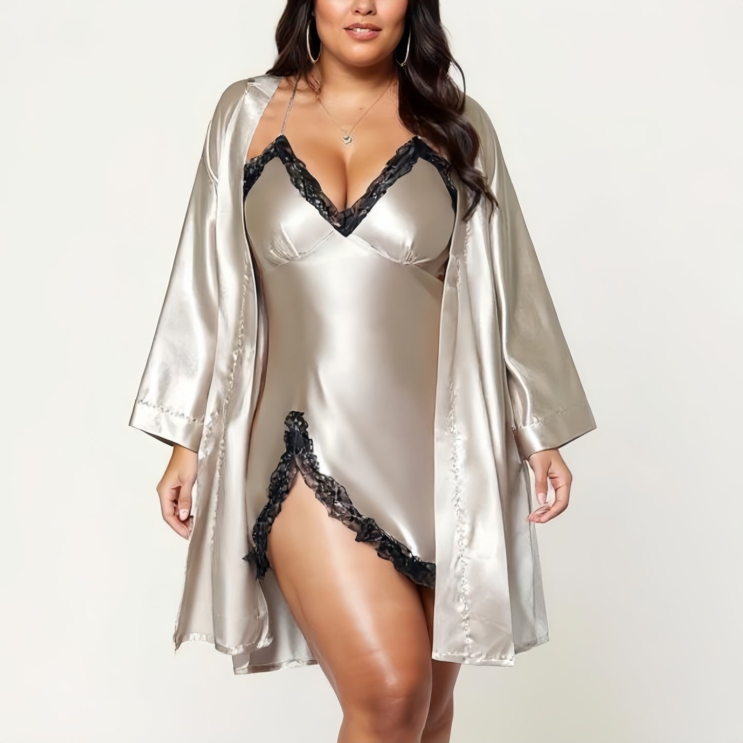 2-Piece Satin Slip Dress and Robe Set with Lace Trim Details and Elegant Flowing Layered Silhouette