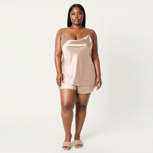 2-Piece Satin Cami and Shorts Set with Draped Neckline Silky Fabric and Lightweight Relaxed Fit