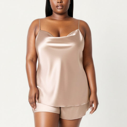 2-Piece Satin Cami and Shorts Set with Draped Neckline Silky Fabric and Lightweight Relaxed Fit