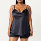 2-Piece Satin Cami and Shorts Set with Draped Neckline Silky Fabric and Lightweight Relaxed Fit