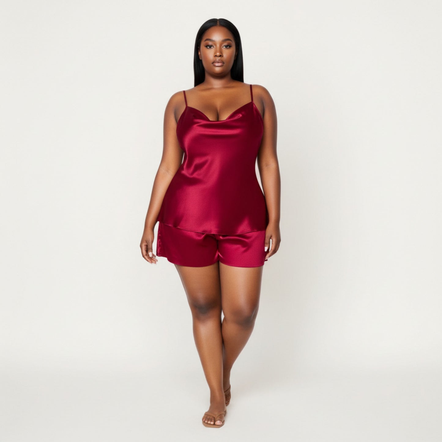 2-Piece Satin Cami and Shorts Set with Draped Neckline Silky Fabric and Lightweight Relaxed Fit