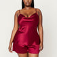 2-Piece Satin Cami and Shorts Set with Draped Neckline Silky Fabric and Lightweight Relaxed Fit