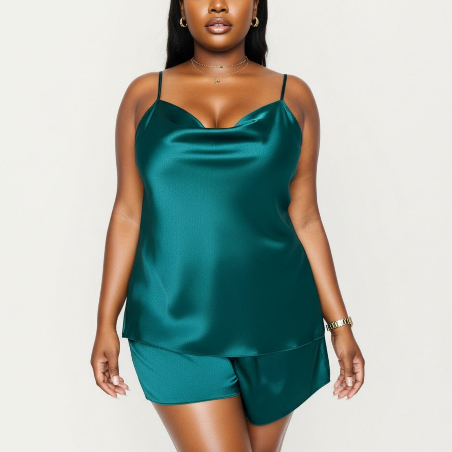 2-Piece Satin Cami and Shorts Set with Draped Neckline Silky Fabric and Lightweight Relaxed Fit