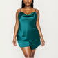 2-Piece Satin Cami and Shorts Set with Draped Neckline Silky Fabric and Lightweight Relaxed Fit