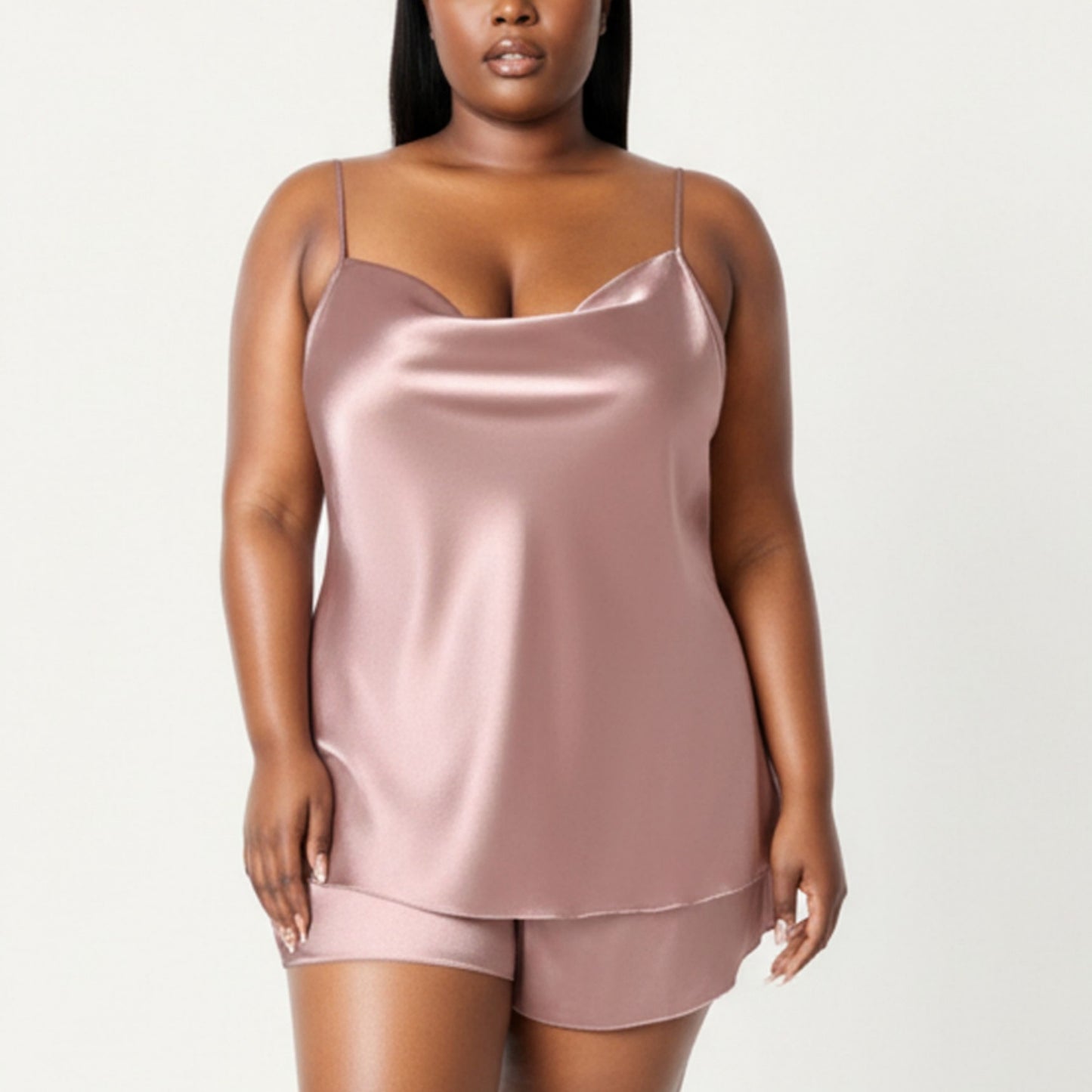 2-Piece Satin Cami and Shorts Set with Draped Neckline Silky Fabric and Lightweight Relaxed Fit