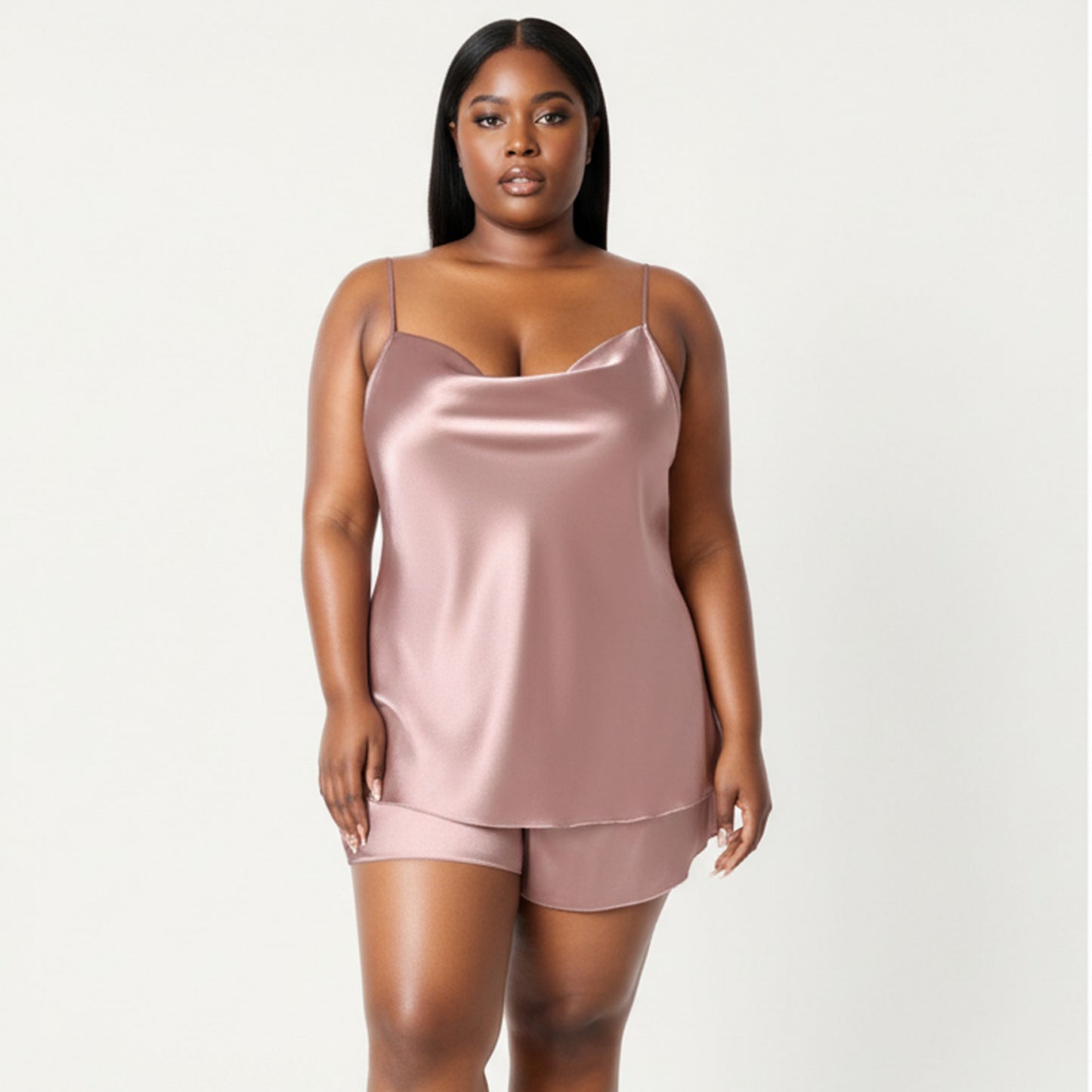 2-Piece Satin Cami and Shorts Set with Draped Neckline Silky Fabric and Lightweight Relaxed Fit
