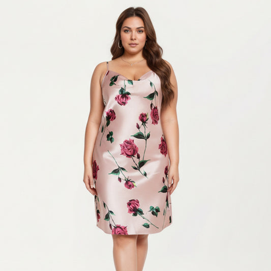 Satin Slip Dress with Floral Rose Pattern Draped Neckline Sheen Fabric and Soft Body-Skimming Silhouette