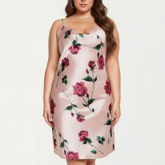 Satin Slip Dress with Floral Rose Pattern Draped Neckline Sheen Fabric and Soft Body-Skimming Silhouette