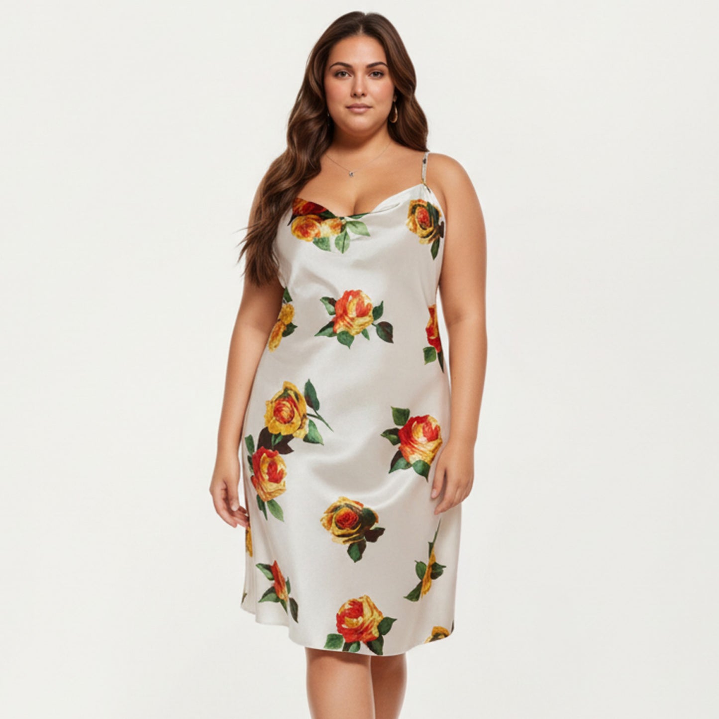 Satin Slip Dress with Floral Rose Pattern Draped Neckline Sheen Fabric and Soft Body-Skimming Silhouette