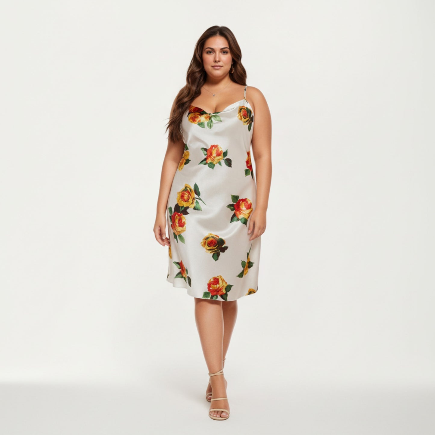 Satin Slip Dress with Floral Rose Pattern Draped Neckline Sheen Fabric and Soft Body-Skimming Silhouette
