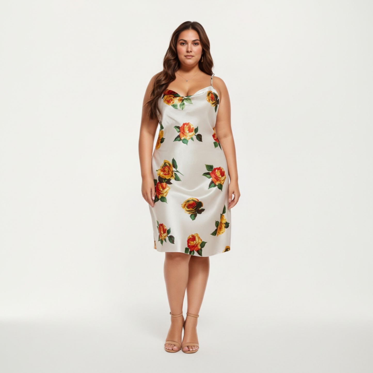 Satin Slip Dress with Floral Rose Pattern Draped Neckline Sheen Fabric and Soft Body-Skimming Silhouette