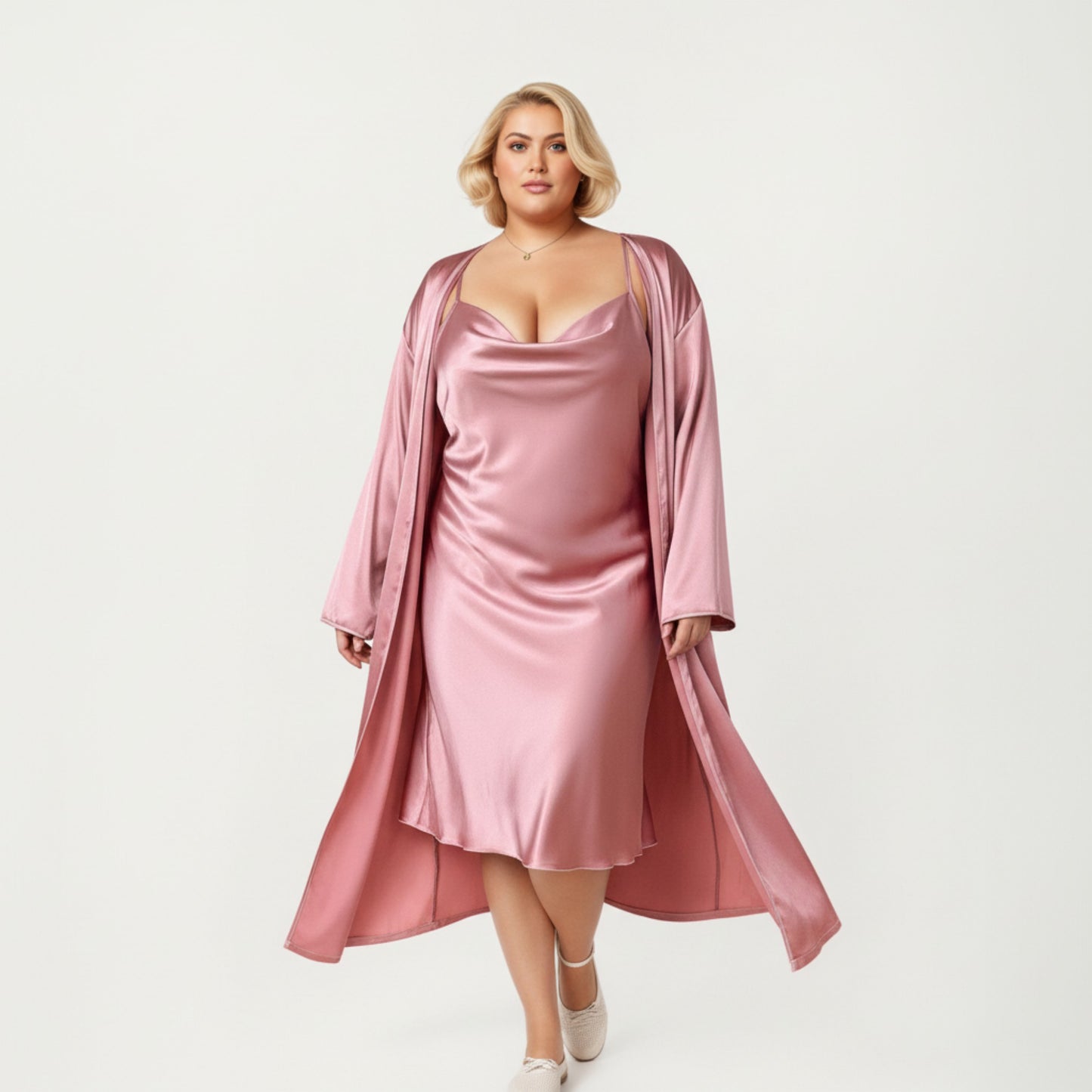 Satin Slip Dress and Long Robe Set with Draped Neckline and Elegant Flowing Open Front Layered Design