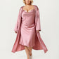 Satin Slip Dress and Long Robe Set with Draped Neckline and Elegant Flowing Open Front Layered Design