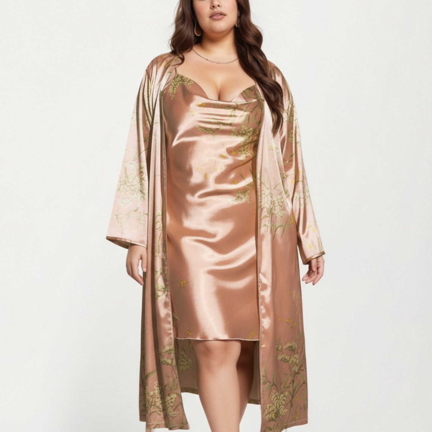 Satin Slip Dress and Long Robe Set with Floral Pattern Draped Neckline and Elegant Flowing Layered Design