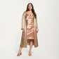 Satin Slip Dress and Long Robe Set with Floral Pattern Draped Neckline and Elegant Flowing Layered Design