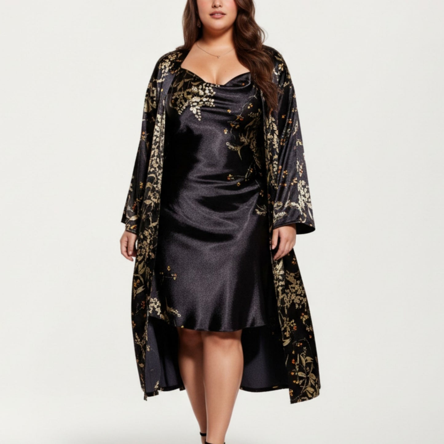 Satin Slip Dress and Long Robe Set with Floral Pattern Draped Neckline and Elegant Flowing Layered Design